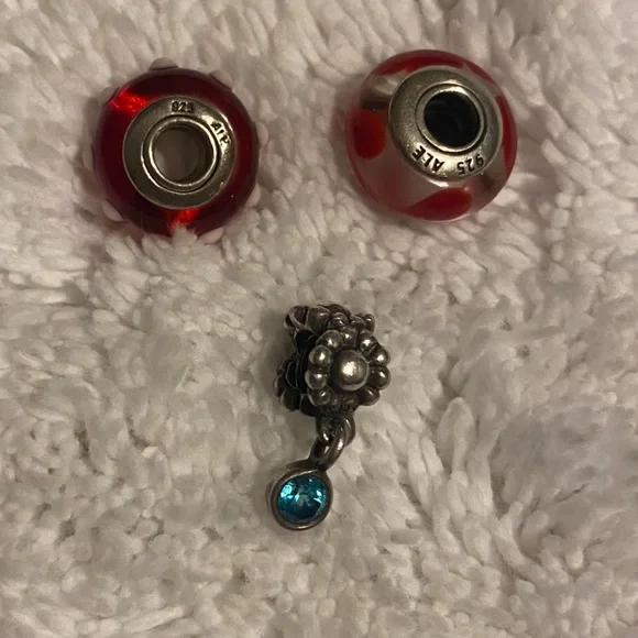 Trio Pandora Red and Silver Charms (2) 925 Sterling with silver Turquoise Accent - Picture 2 of 4